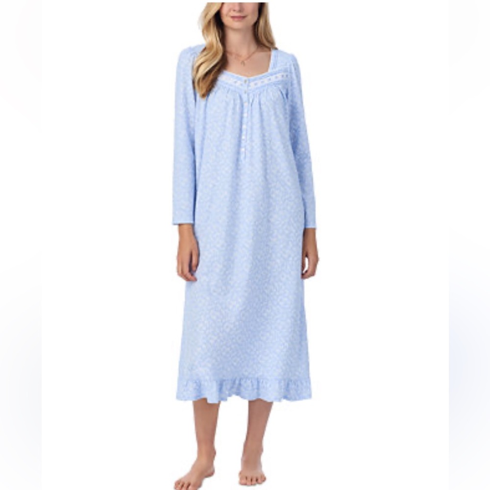 Eileen West Victorian Classic Long Sleeve Blue Floral 100% Cotton Nightgown Lrg